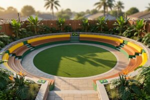 Elevated view of a garden designed like a mini stadium with circular seating around a central lawn, yellow-and-green curved pathways, and raised beds creating organized zones under warm evening light.