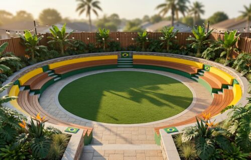 Elevated view of a garden designed like a mini stadium with circular seating around a central lawn, yellow-and-green curved pathways, and raised beds creating organized zones under warm evening light.