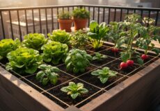 A 4x4 raised bed on an urban patio divided by string into one-foot squares, each planted with different vegetables, lit by warm golden hour sunlight with a softly blurred balcony railing and cityscape in the background.
