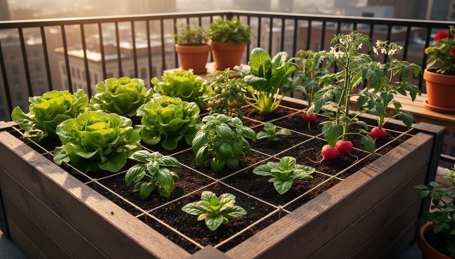 A 4x4 raised bed on an urban patio divided by string into one-foot squares, each planted with different vegetables, lit by warm golden hour sunlight with a softly blurred balcony railing and cityscape in the background.