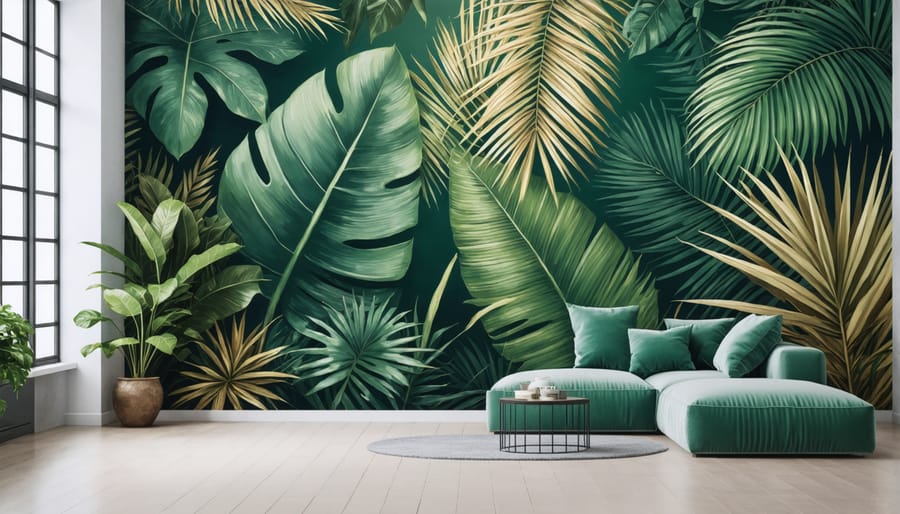 Dramatic botanical wallpaper with tropical leaves in living space