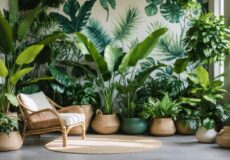 Indoor living space lushly decorated with a variety of indoor plants including Monstera and Fiddle Leaf Fig, complemented by rattan furniture and woven baskets, set against botanical wallpaper.