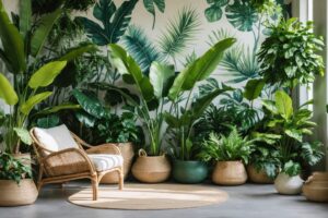 Indoor living space lushly decorated with a variety of indoor plants including Monstera and Fiddle Leaf Fig, complemented by rattan furniture and woven baskets, set against botanical wallpaper.