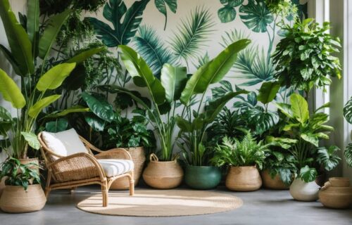 Indoor living space lushly decorated with a variety of indoor plants including Monstera and Fiddle Leaf Fig, complemented by rattan furniture and woven baskets, set against botanical wallpaper.