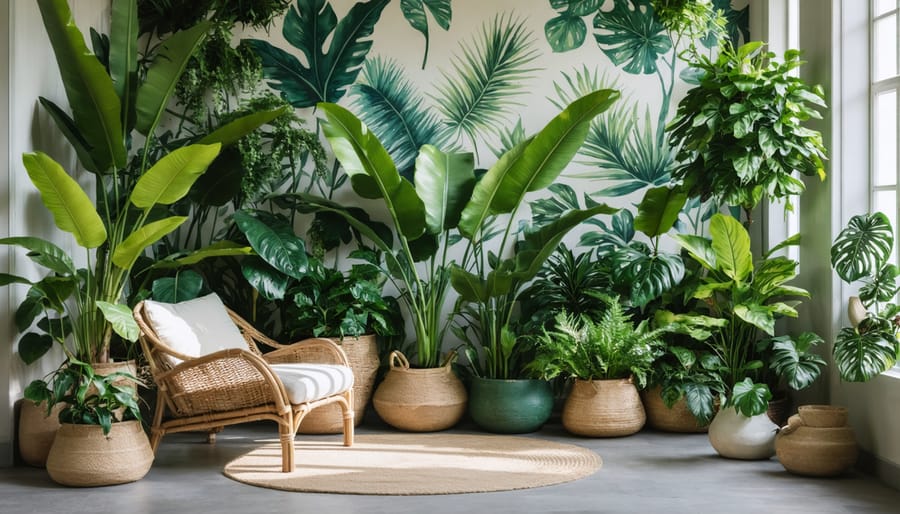 Indoor living space lushly decorated with a variety of indoor plants including Monstera and Fiddle Leaf Fig, complemented by rattan furniture and woven baskets, set against botanical wallpaper.