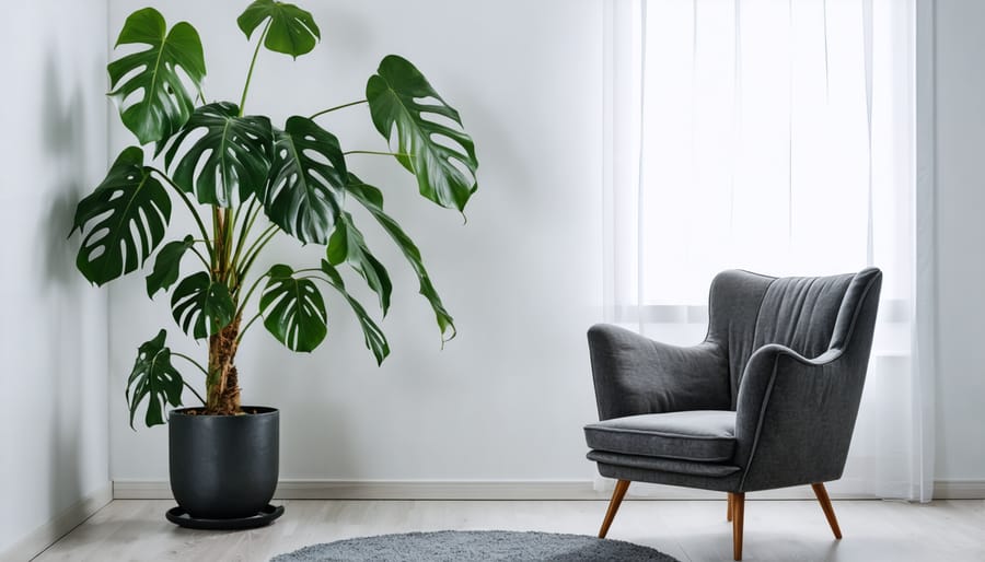 Stylish living room corner with statement Monstera plant in ceramic planter
