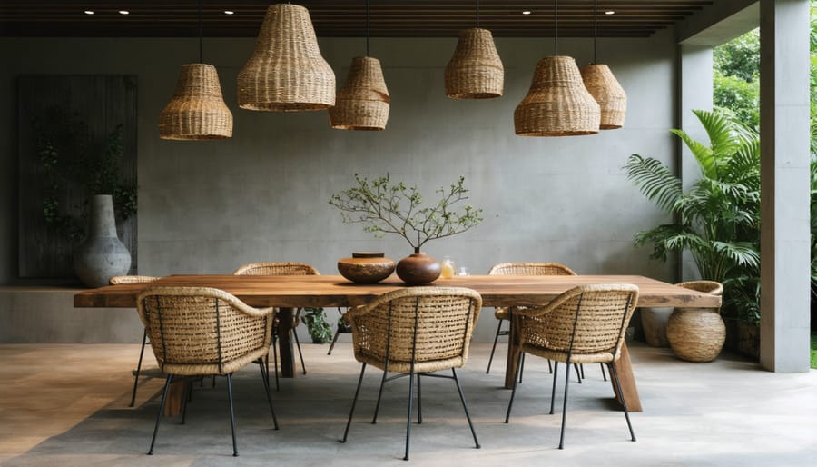 Natural dining room setting with woven rattan lighting and furniture