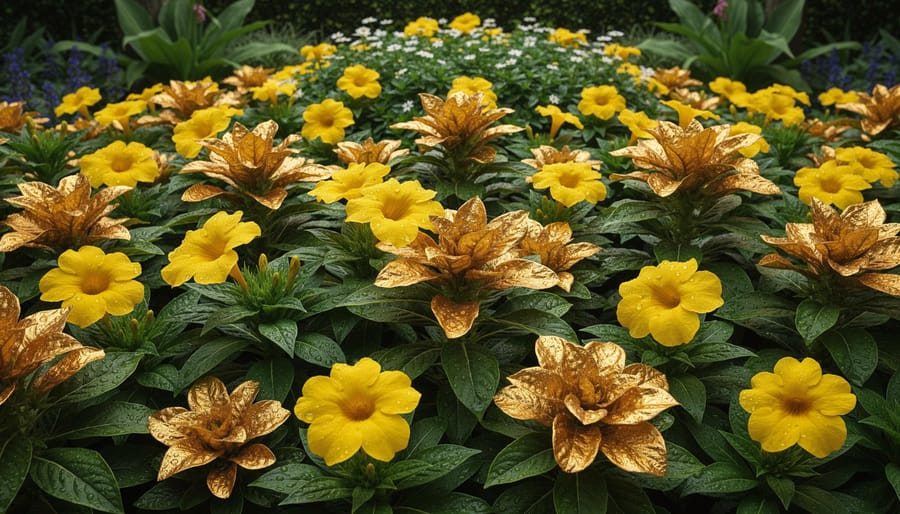 Vibrant garden bed with yellow and gold flowers mixed with bright green foliage
