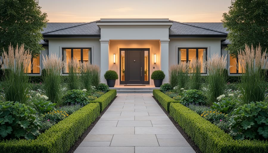 Symmetrical front garden entrance with bold colorful plantings flanking stone pathway