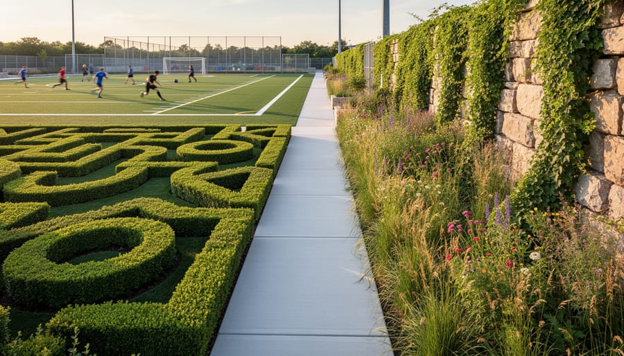 Aerial view of garden showing mix of structured geometric beds and informal wildflower areas