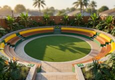 Elevated view of a garden designed like a mini stadium with circular seating around a central lawn, yellow-and-green curved pathways, and raised beds creating organized zones under warm evening light.