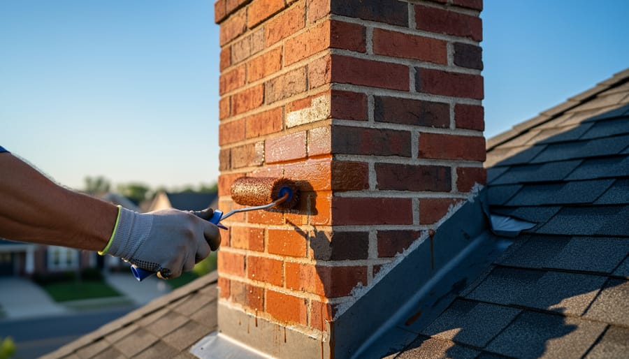 Hand applying waterproofing sealer to outdoor brick chimney with brush
