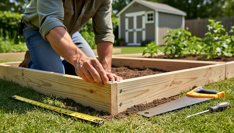 Hands assembling wooden raised garden bed frame with drill and cedar boards