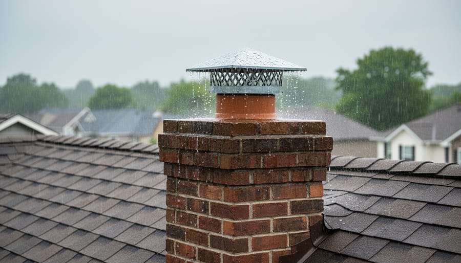 Stainless steel chimney cap installed on outdoor stone fireplace chimney