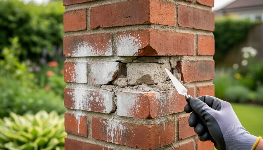 Outdoor brick chimney showing water damage with white staining and crumbling mortar