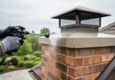 Gloved hands spraying clear breathable water repellent onto the crown of an outdoor brick garden fireplace chimney, with chimney cap and roof flashing visible and a blurred garden and patio in the background under overcast light.