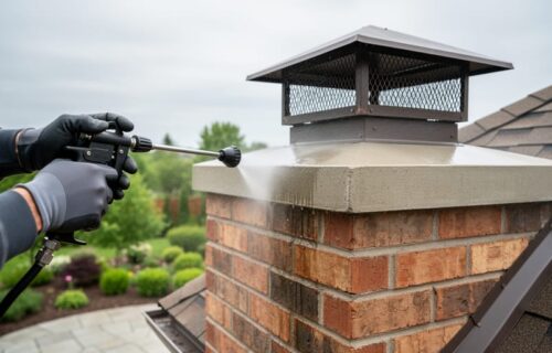 Gloved hands spraying clear breathable water repellent onto the crown of an outdoor brick garden fireplace chimney, with chimney cap and roof flashing visible and a blurred garden and patio in the background under overcast light.