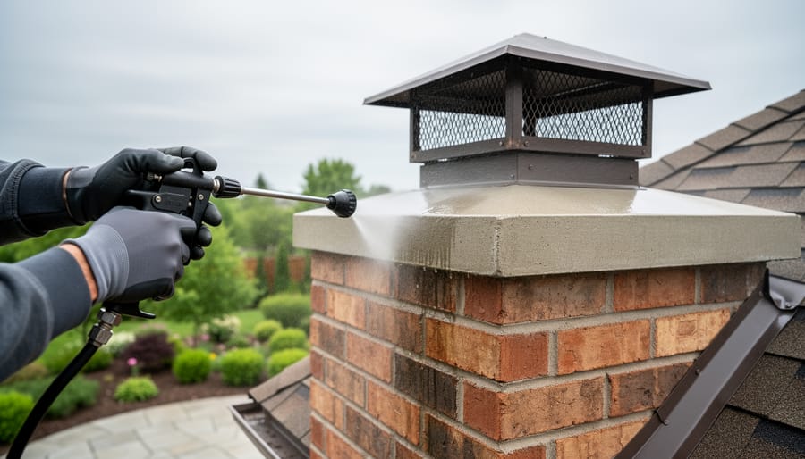 Gloved hands spraying clear breathable water repellent onto the crown of an outdoor brick garden fireplace chimney, with chimney cap and roof flashing visible and a blurred garden and patio in the background under overcast light.