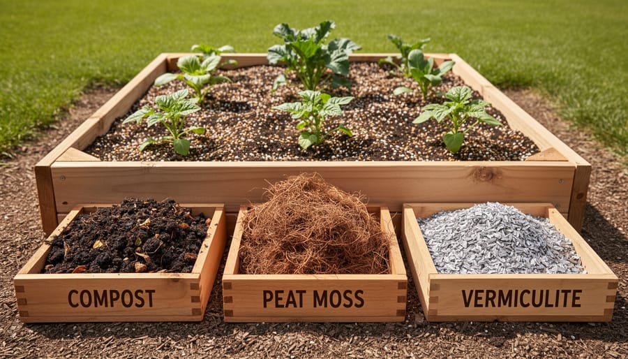 Close-up of three soil components for Mel's Mix showing compost, peat moss, and vermiculite