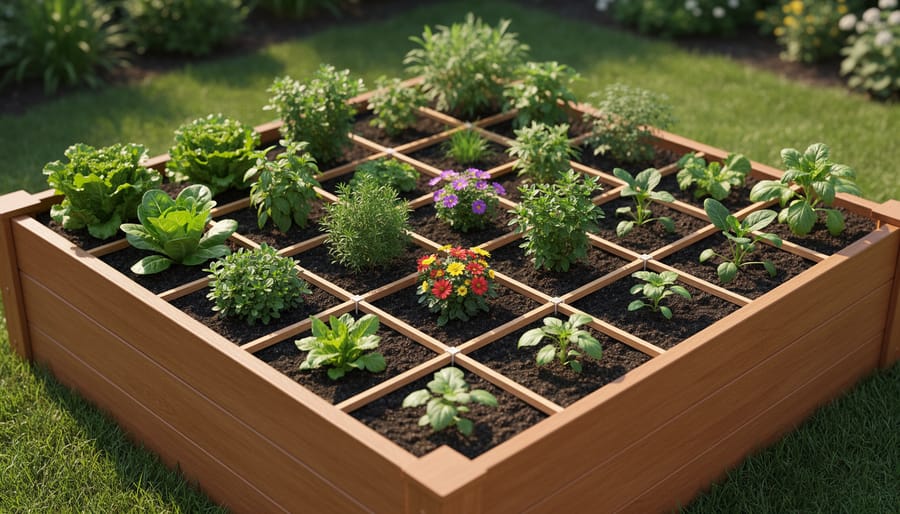 Overhead view of square foot garden bed with wooden grid dividing space into 16 squares with various vegetables planted