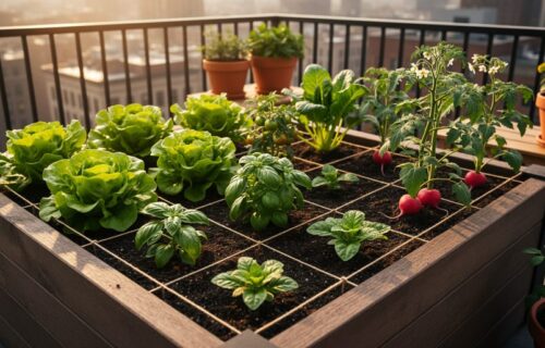 A 4x4 raised bed on an urban patio divided by string into one-foot squares, each planted with different vegetables, lit by warm golden hour sunlight with a softly blurred balcony railing and cityscape in the background.