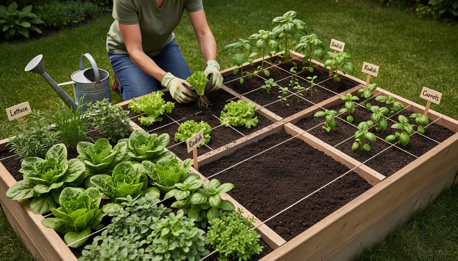 Gardener's hand planting seedling in square foot garden section with mature vegetables growing in adjacent squares
