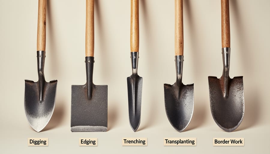 Four types of gardening spades, digging, border, pointed, and transplanting, laid out on a wooden shed floor.