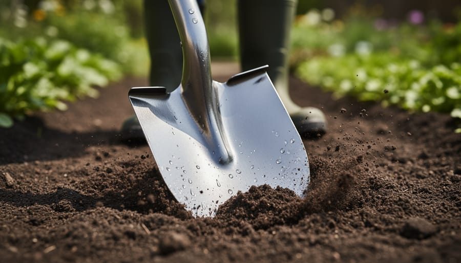 Gardener’s hands gripping a sharp steel digging spade cutting into dark damp soil in a garden bed.