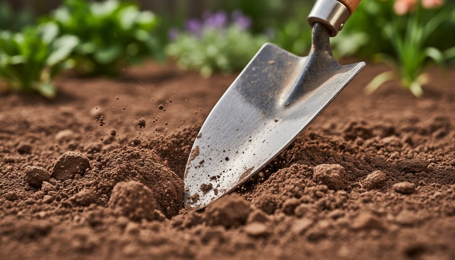 Pointed spade penetrating heavy clay soil, showing dense clods breaking apart near the blade tip.