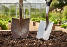 “A clean gardening spade with a flat sharp blade placed on rich soil next to a dull shovel beside an edged garden border.”