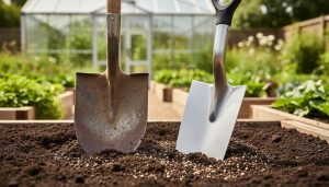 “A clean gardening spade with a flat sharp blade placed on rich soil next to a dull shovel beside an edged garden border.”