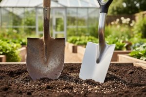 “A clean gardening spade with a flat sharp blade placed on rich soil next to a dull shovel beside an edged garden border.”