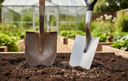 “A clean gardening spade with a flat sharp blade placed on rich soil next to a dull shovel beside an edged garden border.”