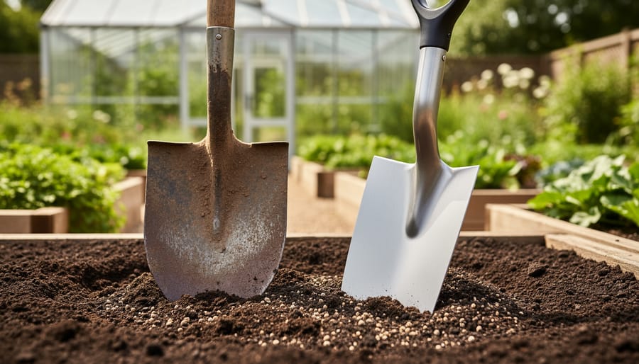 “A clean gardening spade with a flat sharp blade placed on rich soil next to a dull shovel beside an edged garden border.”