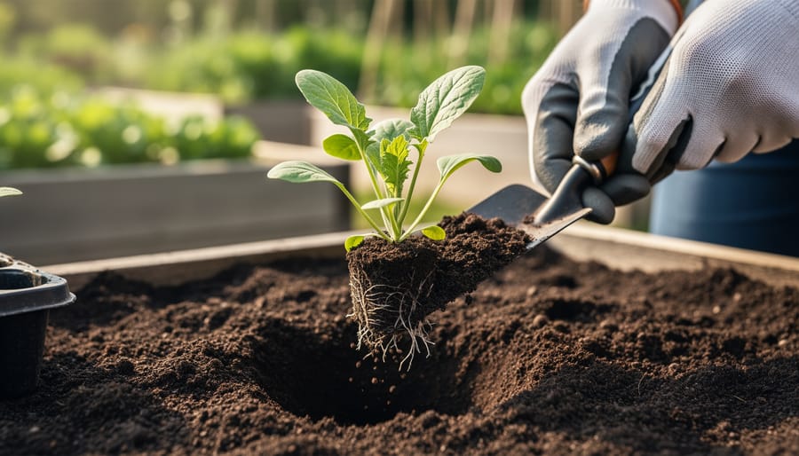 Gardener lifting a small plant’s root ball with a transplanting spade from a garden bed.