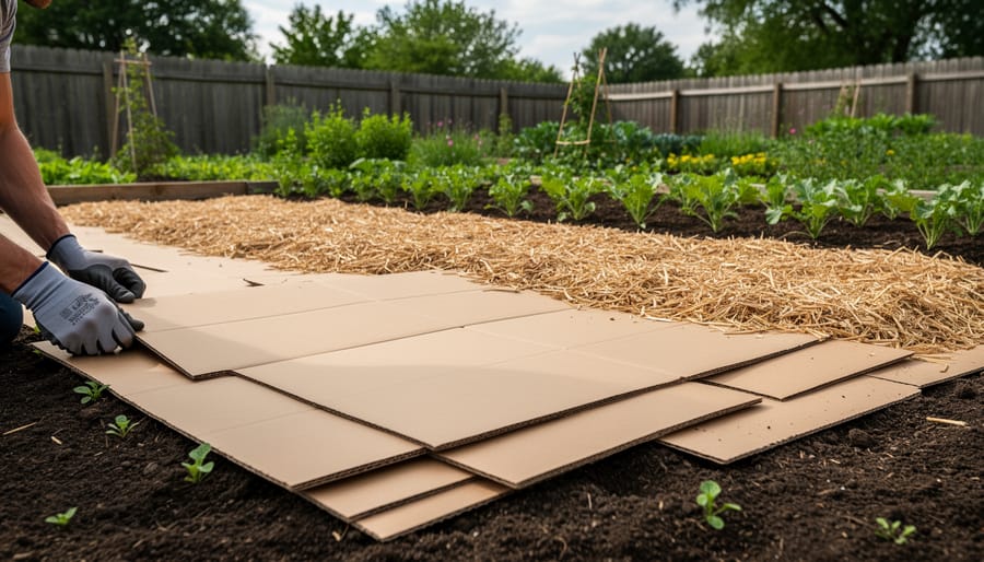 A gardener places overlapping cardboard sheets on a grassy garden bed for sheet mulching.