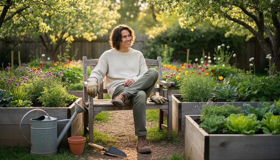 A person relaxing on a garden bench with tea and a watering can beside flowerbeds.