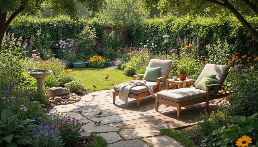 A relaxing garden seating area with a hammock and a birdbath in warm evening sunlight.
