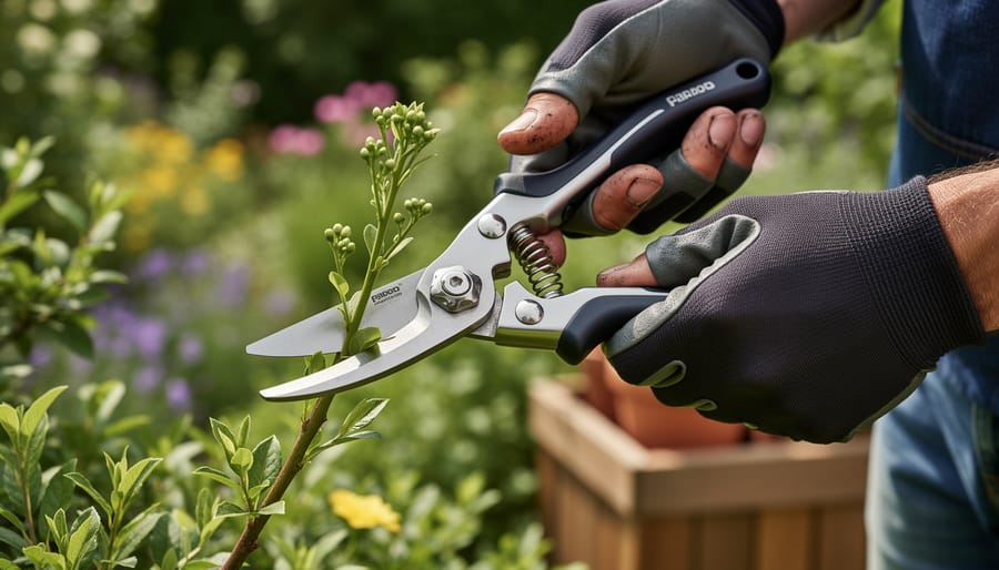 Bypass pruning shears trimming a fresh green plant stem in warm golden light