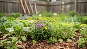 Colorful volunteer seedlings and wildflowers growing closely together in a late-summer garden bed, suggesting a chaos gardening approach.