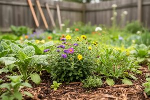 Colorful volunteer seedlings and wildflowers growing closely together in a late-summer garden bed, suggesting a chaos gardening approach.
