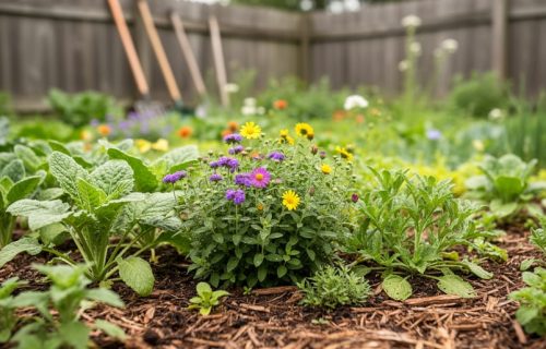Colorful volunteer seedlings and wildflowers growing closely together in a late-summer garden bed, suggesting a chaos gardening approach.