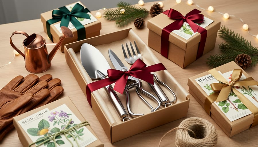 Christmas gift scene featuring gardening hand tools on pine branches with a wrapped present and red ribbon