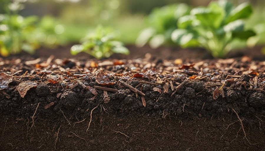Close-up of moist dark soil with compost texture in a raised bed, showing a healthy pre-planting condition.