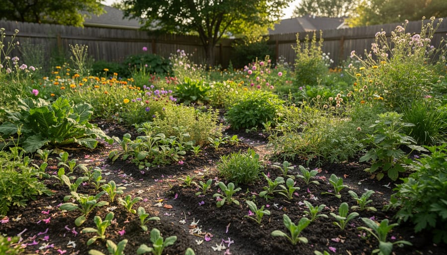 Colorful mix of volunteer seedlings and self-seeded wildflowers growing closely together in a late-summer garden bed.