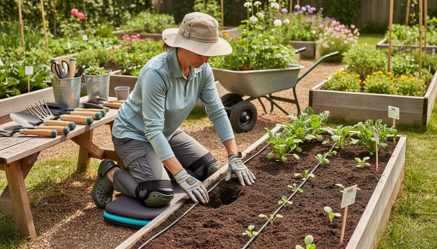 Gardener crouching on a kneeling pad in a garden bed with gloves, watering tools, and a moisture meter nearby