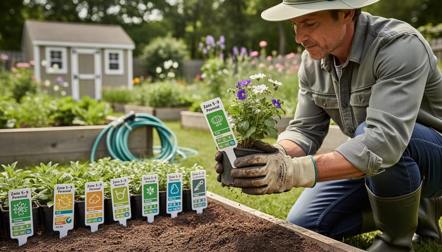 Gardener kneeling in a flower bed holding a plant label while looking toward the garden