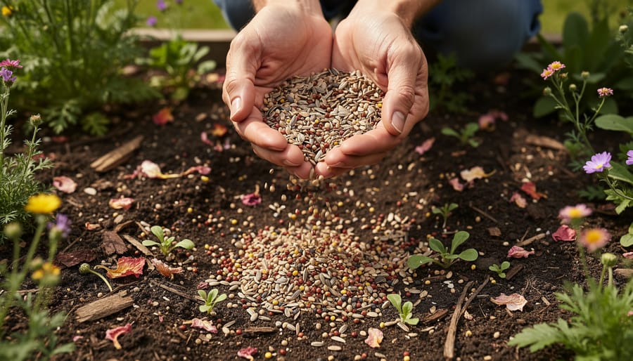 Gardener’s hands sprinkling mixed seeds onto dark soil in a garden bed.