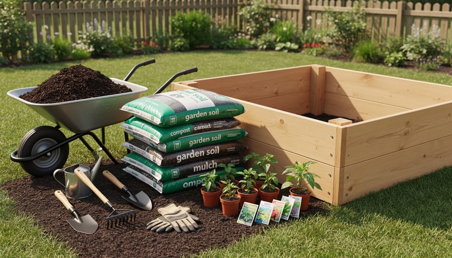 Gardening tools and soil materials laid out beside a raised bed frame during preparation.