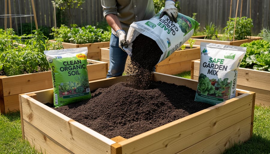 Gloved hands inspecting soil and compost near a raised bed, emphasizing safe preparation practices.